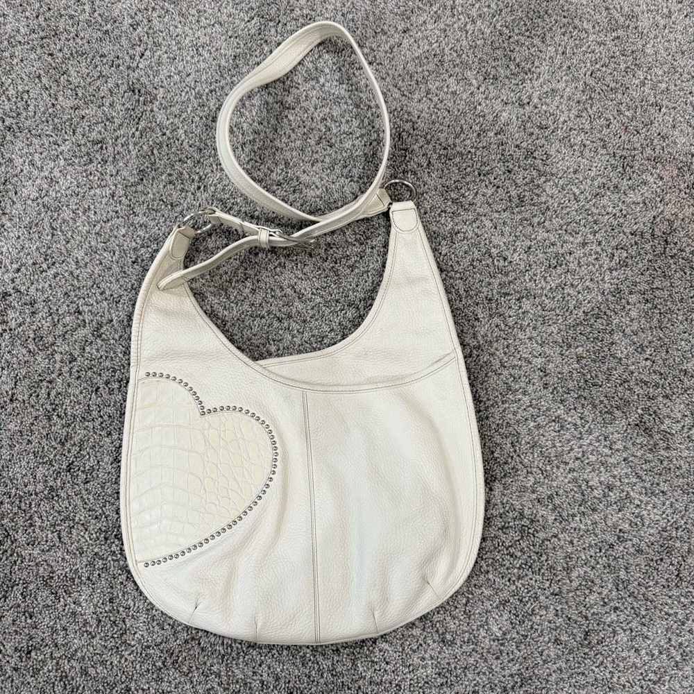 BRIGHTON White Leather Studded Heart Dual Compartment Crossbody Bag Magnetic